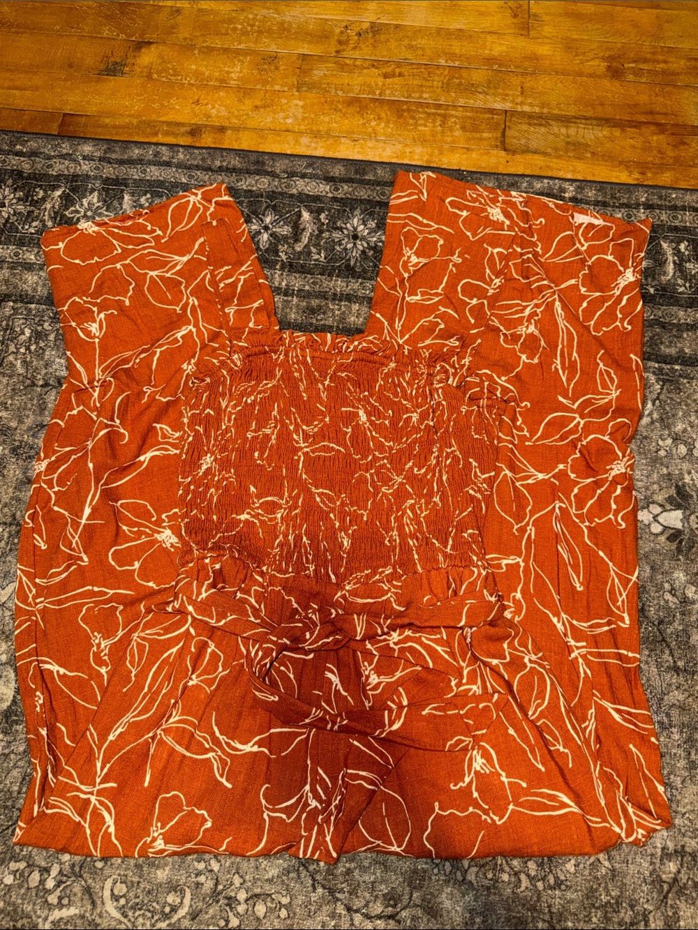 Rust Orange Floral Smocked Square-Neck Top